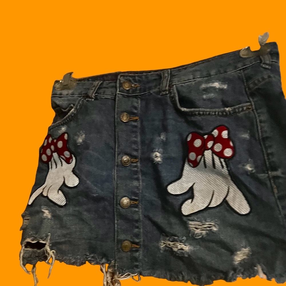 S Minnie Mouse “hands” Disney Zara distressed jean miniskirt